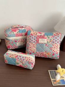 Vintage Elegant Patchwork Pattern Cosmetic Bag Set, Fashion Large Capacity Multi-Compartment Handbag, Multifunctional Travel Organizer Pouch, Storage Bag For Cosmetics, Makeup Tools, Etc., Holiday Gift,Pouch,Makeup Pouch,Travel Essential - Multicolor - View 2