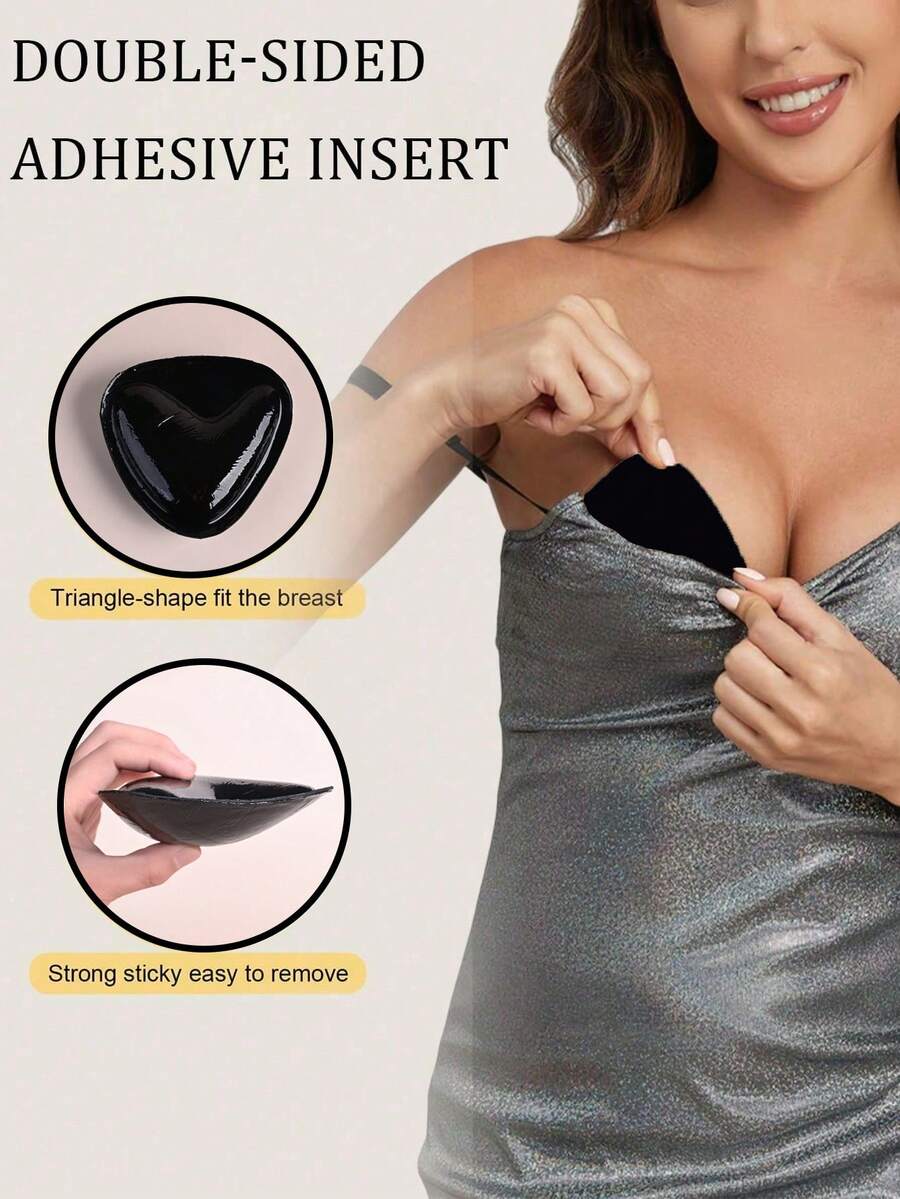 1 Pair Double-Sided Reusable Self-Adhesive Bra Pads, Thickened Invisible Bra Inserts, Waterproof For Swimming - Black - View 1