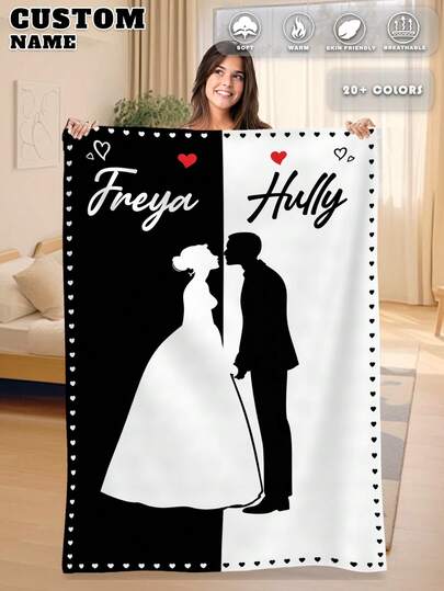 1pc Customized Flannel Personalized Blanket, Suitable For Bed, Living Room, Sofa, Outdoor, Beach, Camping, Pets And More, Customizable With Family/Pet/Couple Name Printed, Ideal Gift For Christmas, Mother's/Father's Day, Home, Birthday, Friends, Women, Parents And More