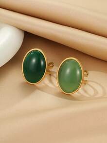 2 pièces Ensemble de bijoux en acier inoxydable de style exagéré à la mode pour femmes, avec pierres précieuses vert foncé et vert clair. Convient pour le port ou en cadeau pour les femmes - Or jaune - Voir 4