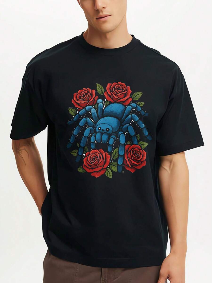 Blue Spider And Red Roses Printed Premium T-Shirts Mens Summer Short Sleeve Tees Casual Tops - Black - View 1