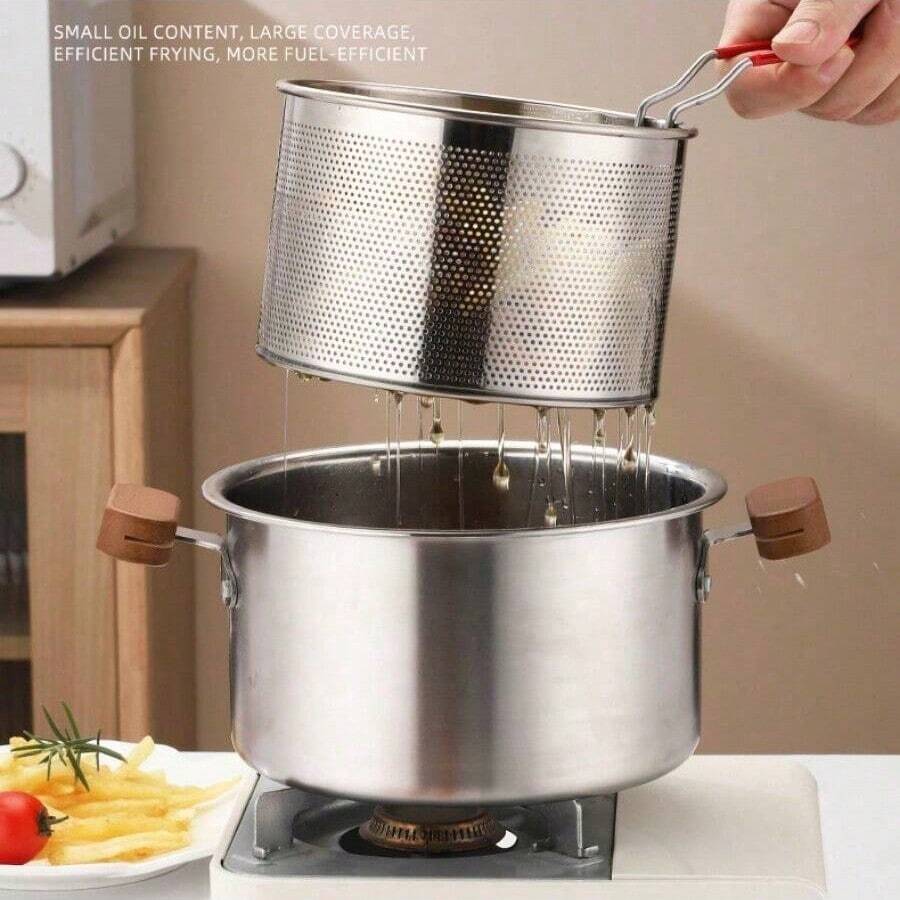 Juego de freidora multiusos de gran capacidad de acero inoxidable 304, con cesta y mango, apto para tempura, pinchos, patatas fritas, pollo frito, hervir leche, fideos, compatible con placa de inducción, herramienta esencial de cocina - Plateado - Ver 1