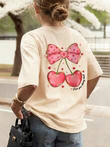 1pc Girls Casual Butterfly & Cherry Print Round Neck Short Sleeve T-Shirt, Summer Student Youth Clothing - Apricot - View 3