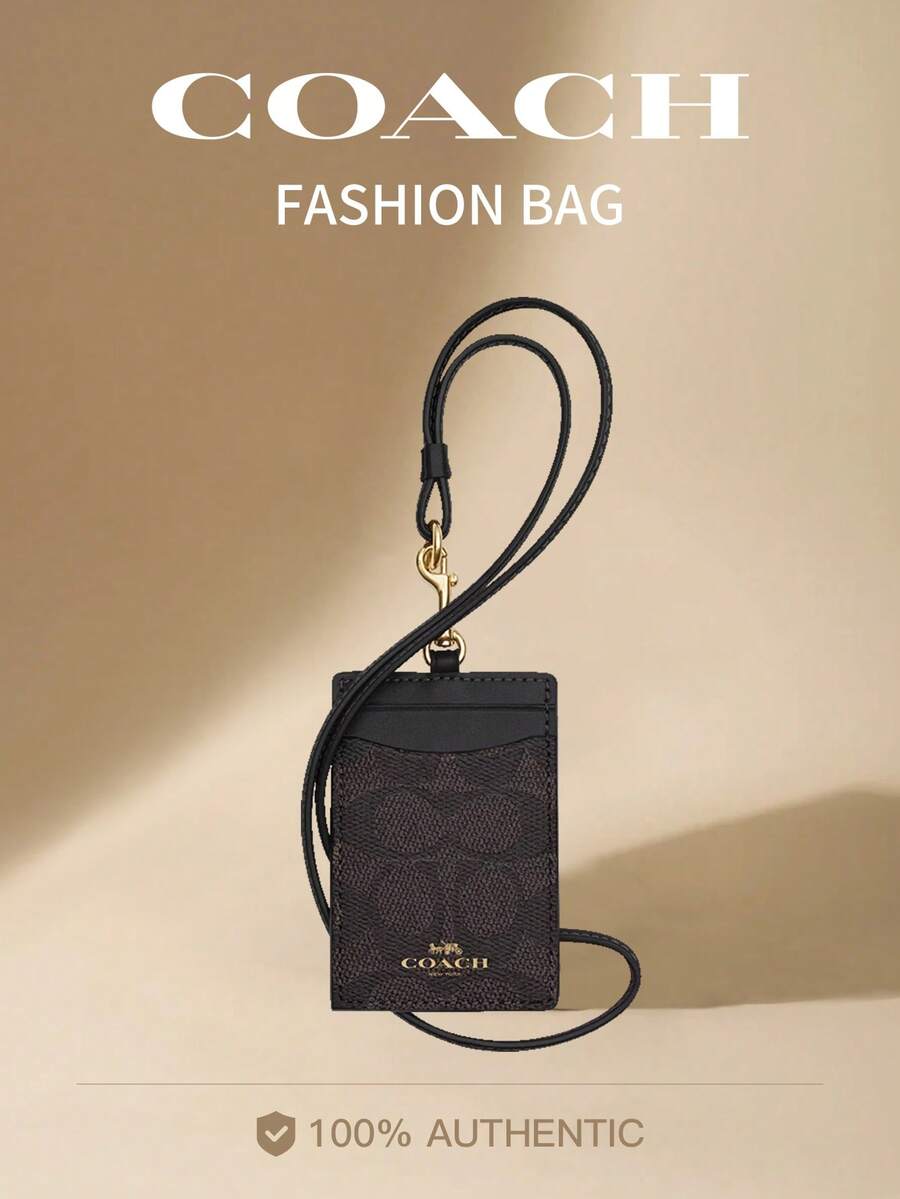 Coach Vertical Genuine Leather ID Card Holder With Transparent ID Window, 2 Credit Card Slots And Detachable Lanyard - Walnut Wood Color - View 1