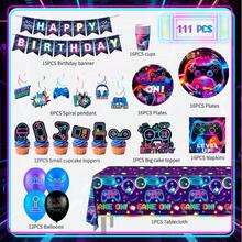 111pcs Video Game Birthday Decorations Tableware Set Serves 16 Guests, Gamer Birthday Party Decorations Include Banner, Plates And Tablecloth, Cake Topper,For Gaming Party Supplies - 彩色 - 查看 5