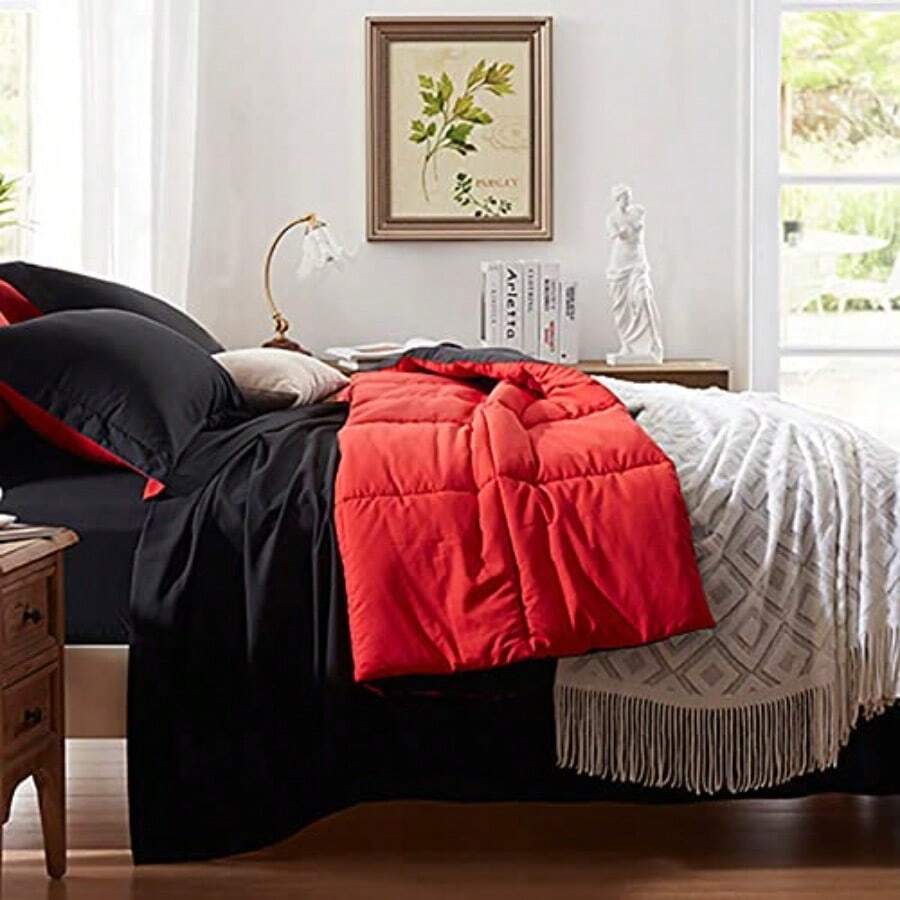 Anluoer - Juego de cama completo tamaño matrimonial de 7 piezas color con edredón sábanas y fundas de almohada juegos de cama para todas las estaciones - 01 - Rejilla negra y roja - Ver 1