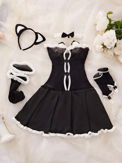 6件套角色扮演夜店表演制服套装，蕾丝露肩睡裙，性感女仆装内衣套装，可爱角色扮演服装（女士款）