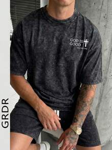 GRDR T-shirt à col rond style américain rétro minimaliste avec lettrage religieux, lavé. Confortable et respirant pour le port estival - Noir - Voir 5