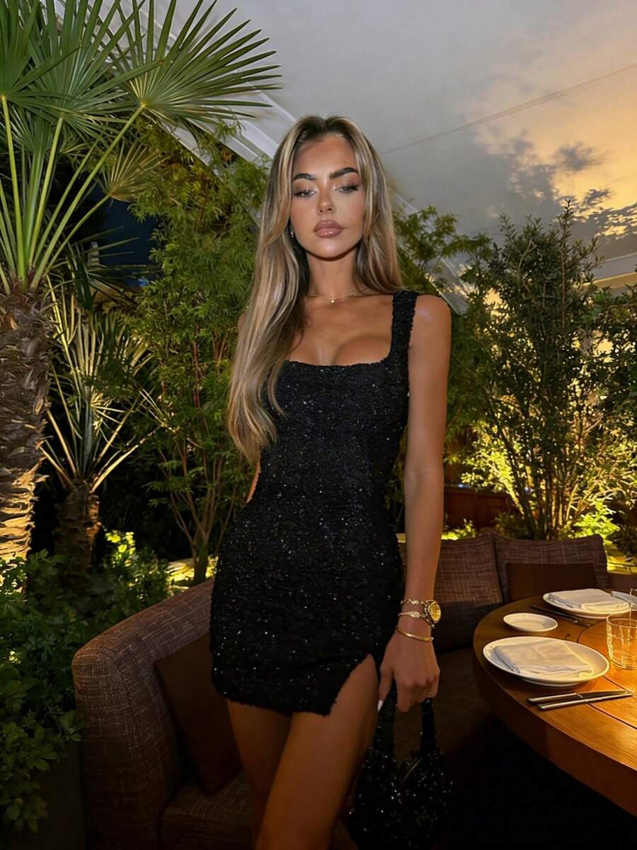 Women's Sequin Square Neck Backless Sleeveless Side Slit Party Club Bodycon Mini Dress - Black - View 1