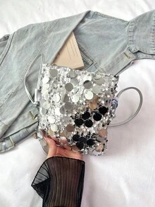 Fashionable New Sequin Shoulder Bag, Chain Strap Small Square Bag For Women - Silver - View 9
