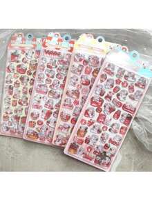 4pcs Cute Pink Rabbit Fluffy Stickers Set, Cartoon Rabbit & Strawberry Theme Stickers, Fun Bubble Stickers Decor For Laptop, Camera - Multicolor - View 7