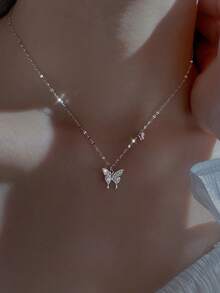 1pc S925 Sterling Silver Cute Butterfly Pendant Necklace, Delicate Minimalist Mori Style Necklace, Exquisite Gift - Butterfly - View 1