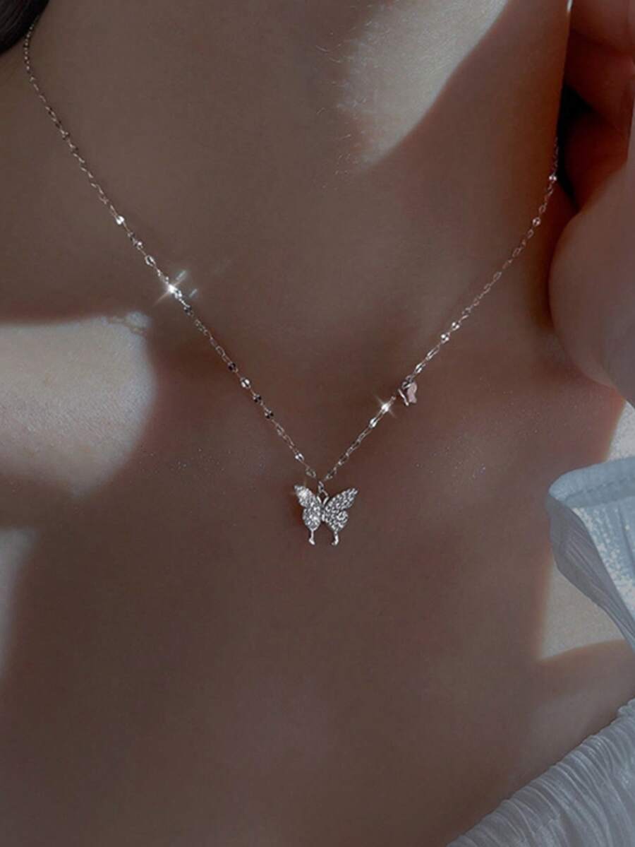 1pc S925 Sterling Silver Cute Butterfly Pendant Necklace, Delicate Minimalist Mori Style Necklace, Exquisite Gift - Butterfly - View 1
