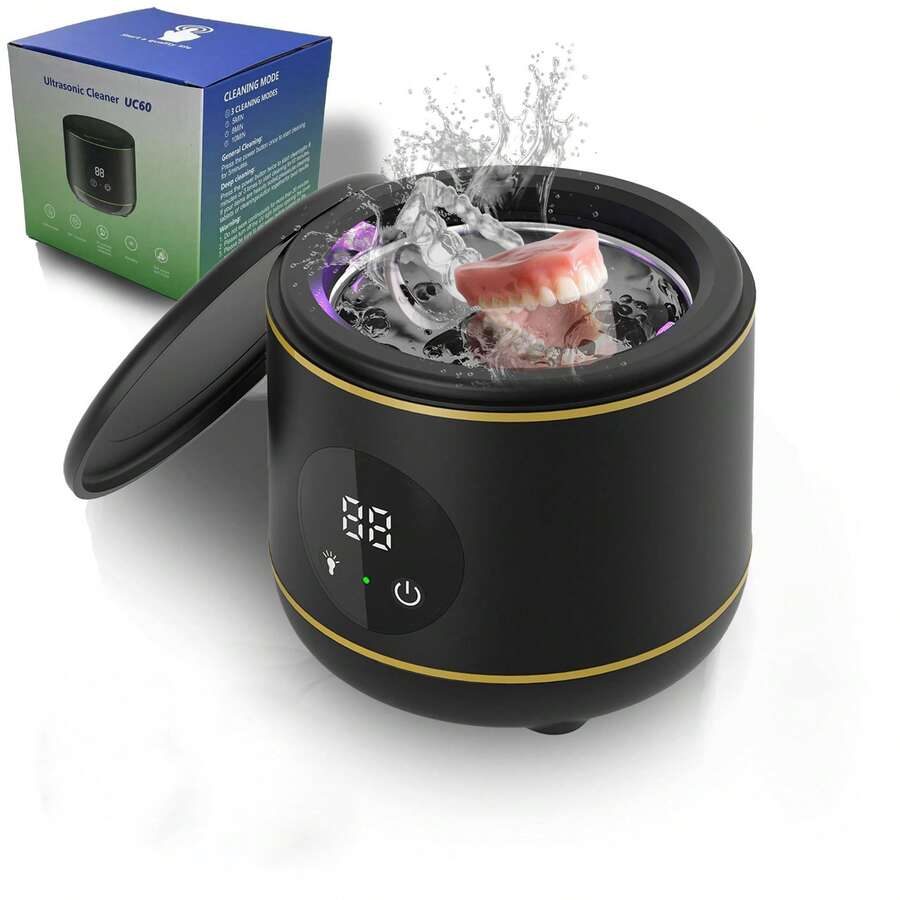家用超声波清洗机，适用于珠宝和假牙，带紫外线灯、遥控器和消毒功能 - 黑色 - 查看 1