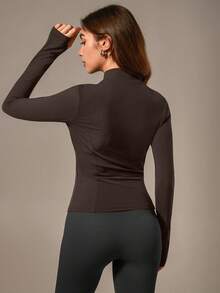 NcmRyu 1pc Women Metal Zipper Stand Collar Thumb Hole Long Sleeve Sports Jacket Spring - Coffee Brown - View 4