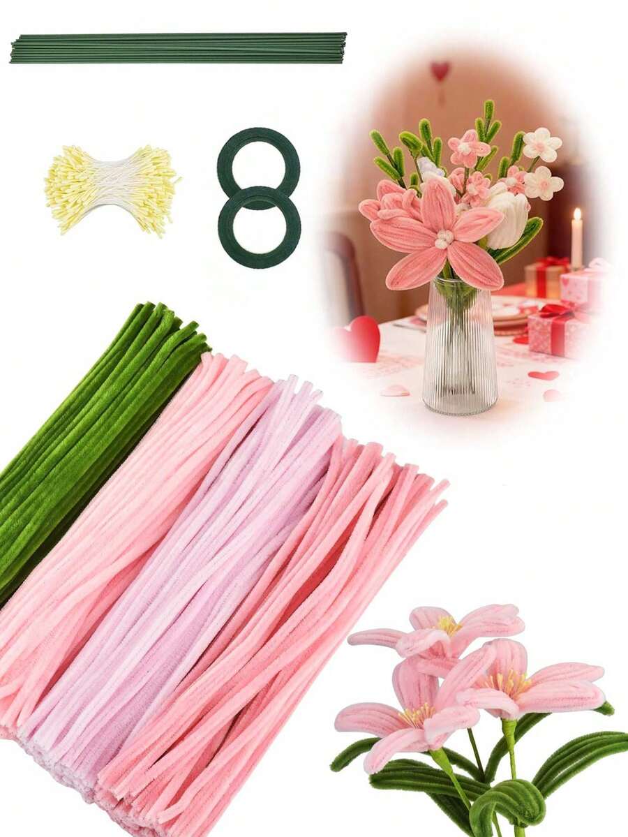 423支多色毛毡棒 - 管状清洁棒，适用于DIY手工和花束制作，配有花艺铁丝、园艺胶带和花蕊手工套装