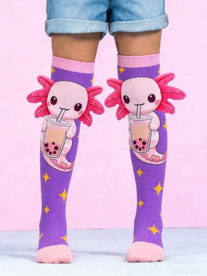 1 Pair Cute 3D Axolotl & Bubble Tea Pattern Girls Over-The-Knee Socks, Adorable Marine Animal Axolotl Thigh High Socks, Valentine's Day Gift For Girls, Holiday Birthday Over-The-Knee Socks, Party Travel Photo Music Sports Socks, Fashionable Aesthetic Socks For Girls