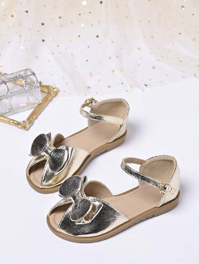 1 Pair New Elegant Shiny Gold Bowknot Open Toe Flat Sandals, Suitable For Summer Dresses, Performances, Weddings, Festivals And Daily Wear