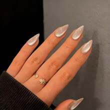 DCat Eye Pr On Nails Almond Handmade Pr On Nails Medium Thick  Nude Fake Nails Pr Ons For Women Wedding Reusable Natural Magnetic Glitter Glue On Nails In 15 Sizes 30 Pcs - 杏仁裸色 - 查看 3