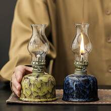 1pc Ceramic Kiln-Fired Glaze Oil Lamp With Lampshade, Adjustable Wick Camping Fuel Lamp, Indoor Ceramic Oil Lamp Candle Holder, Kerosene Lamp With Wick, Oil Lamp/Hurricane Lamp With Fire Control Knob - 1PC - View 2