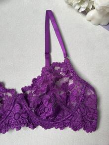Women's Lace Lingerie Set, Floral Lace Bra & Garter Belt, Sexy Sheer Adjustable Strap Underwear - Purple - View 7