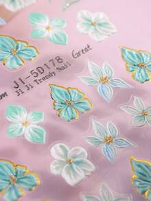 5D Autocollants d'art pour ongles avec fleurs d'orchidées bleu-vert océan, fleurs françaises dorées acryliques, pétales aquarelle de style fée, cadre doré, gouttes d'eau, décalcomanies de style japonais Y2K, charms en relief, décorations de manucure et fournitures pour ongles - Multicolore - Voir 10