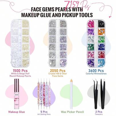 Xifepfr 7159Pcs Face Gems Set With Glue Tweezers Dotting Tool Flatback Rhinestone Crystal AB Clear Gems White Beige Pearls For Face Eye Makeup Nail Art Craft Decor