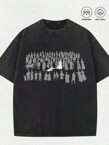 Camiseta gráfica de escena religiosa "Multitud y figura central" - Impresión monocromática vintage desgastada, camiseta unisex 100% algodón 54PA - Negro - Ver 6