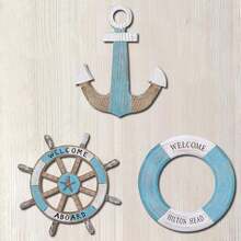 1/3 PiecesNautical-Themed Wall Decor Set - Wooden Anchor, Rudder, And Lifebuoy With "Welcome Aboard" And "Boat" Stamps; Summer Ocean-Themed Hanging Wall Decor; Indoor Nautical Wall Decor - 彩色 - 查看 2