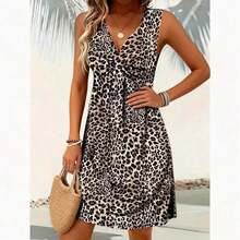 Solstice Apparel Classic Leopard Print Twist Front V-Neck Sleeveless Cinched Waist A-Line Dress, Casual Vacation Style, Suitable For Work, Daily Outings, Beach Parties, And Spring/Summer Wear - Multicolor - View 4