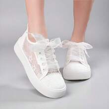 Women's Summer Mesh Casual Sneakers Lace-Up White Flat Shoes, Casual White Fashion Shoes - White - View 2