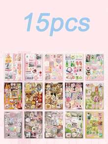 15张复古风格贴纸 - 千禧幻想笔记本，日式/ins甜点风格装饰贴纸，趣味游戏贴纸 - 独特涂鸦贴纸，适用于水瓶、汽车、电脑、吉他、自行车、摩托车、滑板、头盔、行李箱、日记本和相册 - 趣味DIY创意玩具 - 彩色 - 查看 11