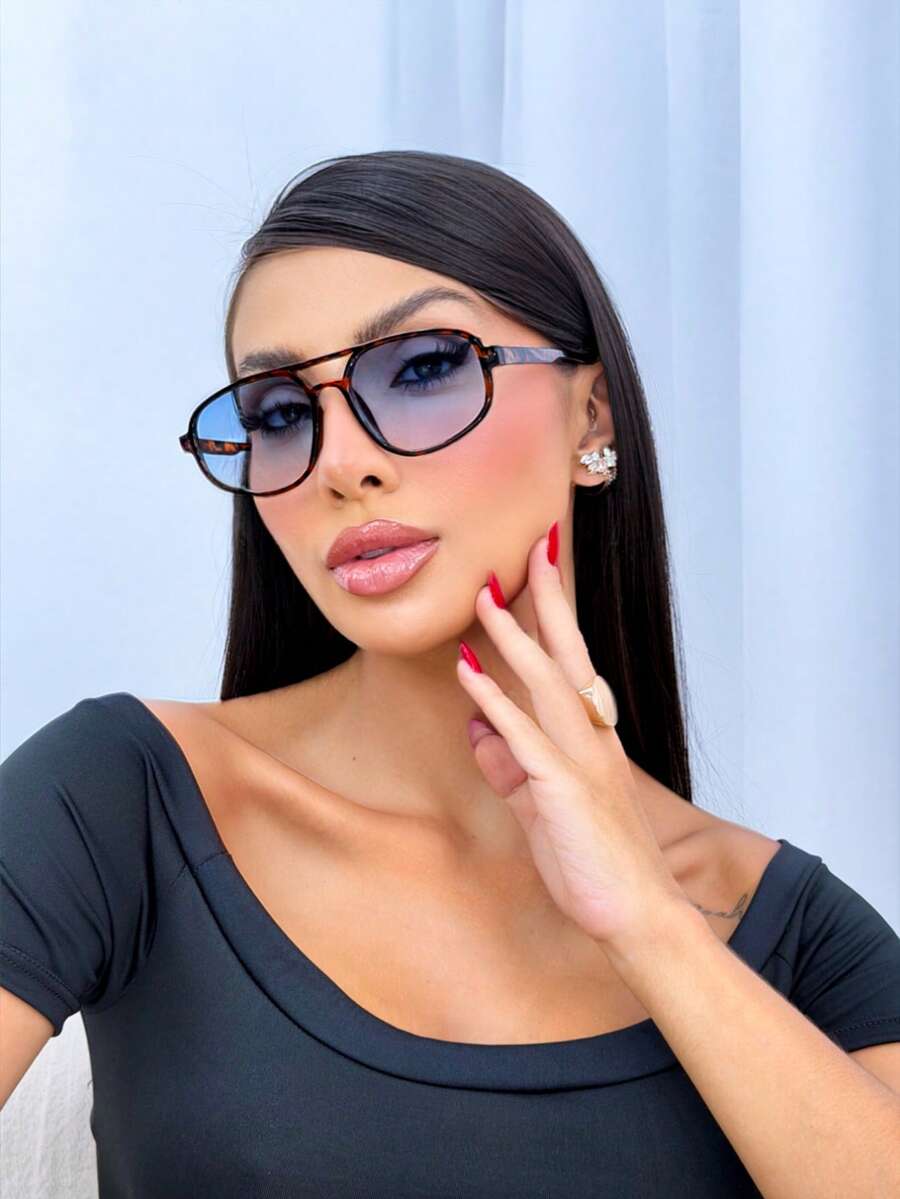 OCULOS ASSIMETRICO TARTARUGA LENTE AZUL  Vintage    TENDENCIA  DA MODA UV400 - Marrom - Visão 1