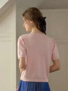 Simple Retro 简约复古女式秋季刺绣撞色圆领粉色优雅复古气质休闲短袖套头毛衣 - 粉色 - 查看 2