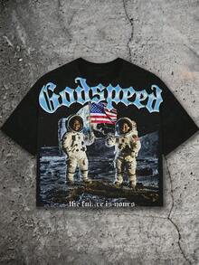 Moon Landing Astronaut, Future-Themed Slogan, American Flag Logo Print T-Shirt,  Boy's Summer Round Neck Short Sleeved Casual T-Shirt - màu đen - Xem 2