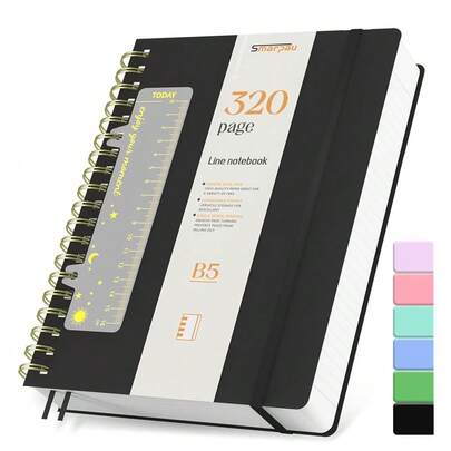 Smarpau Spiral Notizbuch B5, Hardcover PVC Liniert Journal, 320 Seiten 100gsm Dickes Papier zum Schreiben, Lined Journal für Frauen und Männer im Büro oder in der Schule, 19 x 25cm-Schwarz