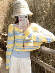 Elegant Casual Striped Contrast Color Off-Shoulder Pullover Short Knit Sweater For Women, Long Sleeve Knit Top - Multicolor - View 4