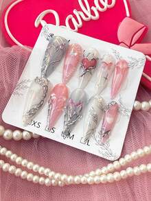 10 PCS Handmade Y2K Hot Girl Mermaid Iridescent Press On Nails, Liquid Metal Sparkly Stiletto Nails - Màu Hồng baby - Xem 2