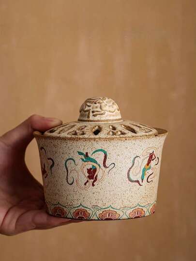 复古中式手绘陶瓷香炉，镂空盖，可放置线香/盘香，亦可作茶几冥想摆件