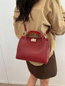 2024复古欧美风女士手提包，采用防刮印花面料，节日礼物之选，中年妈妈风格，大容量满足日常出行和购物需求，可单肩背或斜挎。 - 酒紅色 - 查看 4
