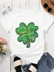 Shamrock Sequin T Shirt St Patrick's Day Top Women Casual Graphic Tee Green Lucky Clover Design Sparkle Bling Fashion Shirt - 白色 - 查看 3