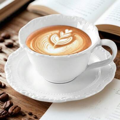 220ml/7oz Ceramic Embossed Retro Latte Cup & Saucer Set, Elegant White Porcelain Tea Cup Suitable For Milk And Black Tea, Great For Living Room Decor And Tea Parties
