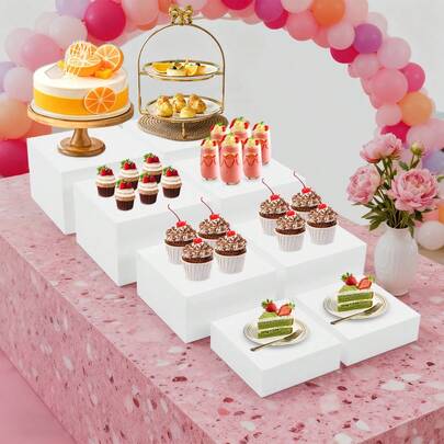 8 Piece White Acrylic Display Stand Set, 4 Sizes Rectangular Dessert Display Riser, No Assembly Hollow Base Countertop Stand, Reusable For Bakery Wedding Party Home Collectible Cosmetic Display