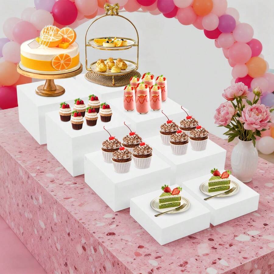 8 Piece White Acrylic Display Stand Set, 4 Sizes Rectangular Dessert Display Riser, No Assembly Hollow Base Countertop Stand, Reusable For Bakery Wedding Party Home Collectible Cosmetic Display - White - View 1