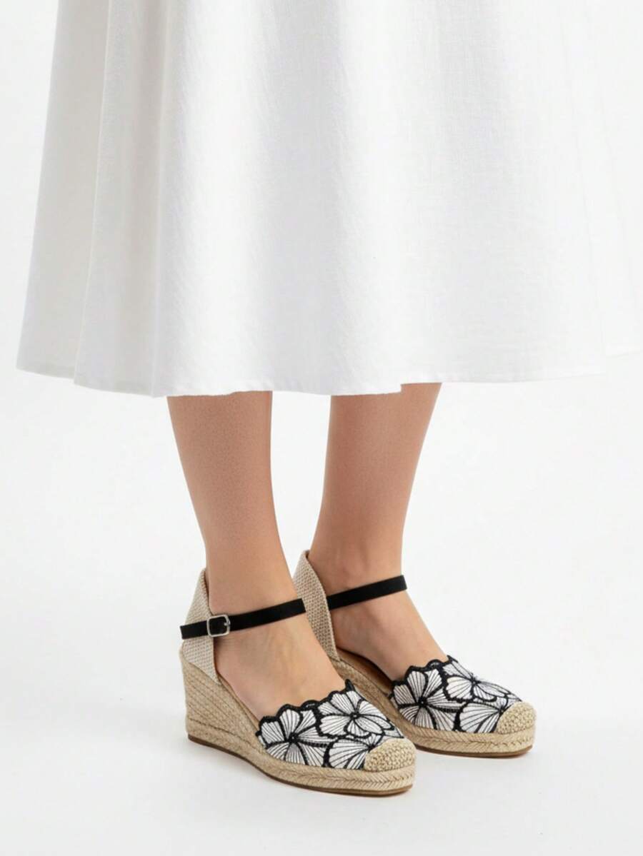 Calzados soraia, Sandalias de Cuña Tipo Alpargata con Brillo Plateado - Zapatos de Esparto con Bordado de Flores y Hebilla - Plata  Bohemio    Hebilla    Vacación - Negro - Ver 1
