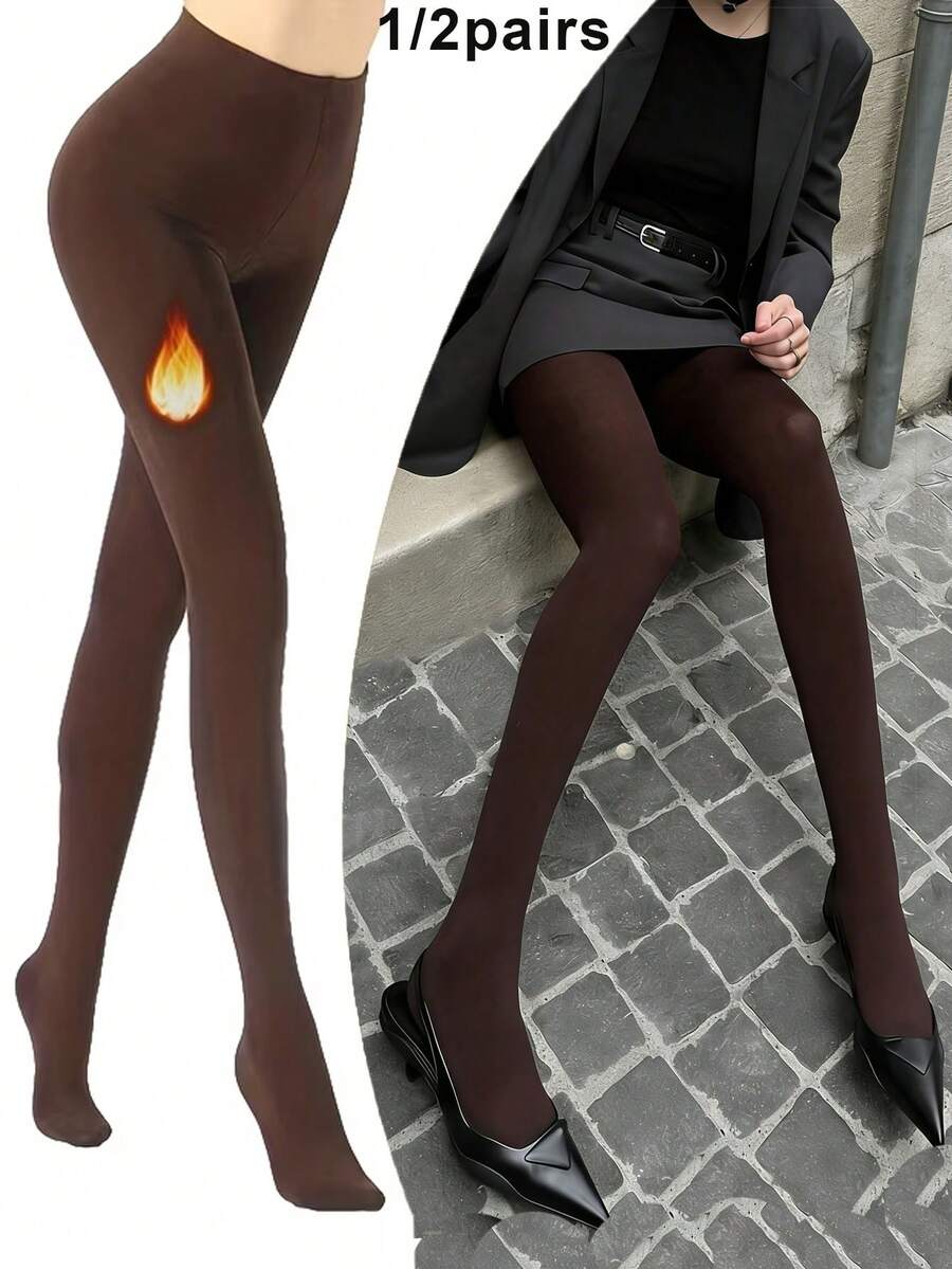 1/2pcs Women's 1200D Fleece Lined Thick Tights, Autumn/Winter - Coffee Brown - View 1