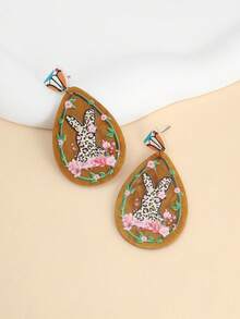 一对可爱的卡通水滴形耳环，心形兔子，豹纹兔子，印有精致花环的复活节亚克力耳环，是节日和派对的完美饰品，优雅时尚，在欧美地区广受欢迎。 - 彩色 - 查看 13