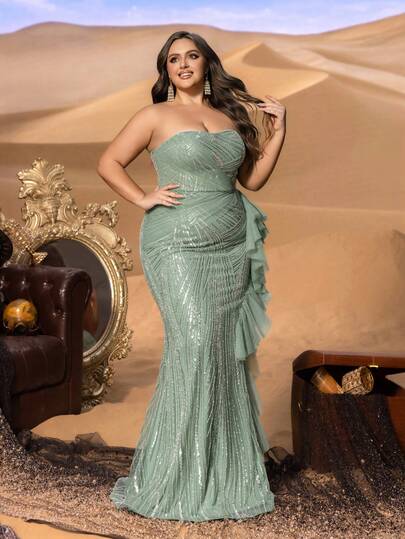 Faeriesty Vestido de noche de sirena sin tirantes para mujer de talla grande - Silueta ajustada, volantes con volantes, espalda con lazo, falda con capas transparentes, adecuado para fiestas, galas de lujo en el desierto y cenas formales de boda elegantes