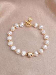 1pc 18K Gold Plated Natural Freshwater Pearl Heart Bracelet, Gift For Mother's Day, Valentine's Day, Birthday, Wedding, Engagement, Bride - White - View 6