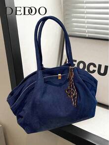 Dedoo 1 chiếc túi xách tay giả da lộn (kèm phụ kiện), dung tích lớn, màu trơn, kiểu dáng thanh lịch dành cho nữ, túi công sở phong cách retro phù hợp cho nữ sinh, phụ nữ, sinh viên và người đi làm. - Xanh đậm - Xem 5